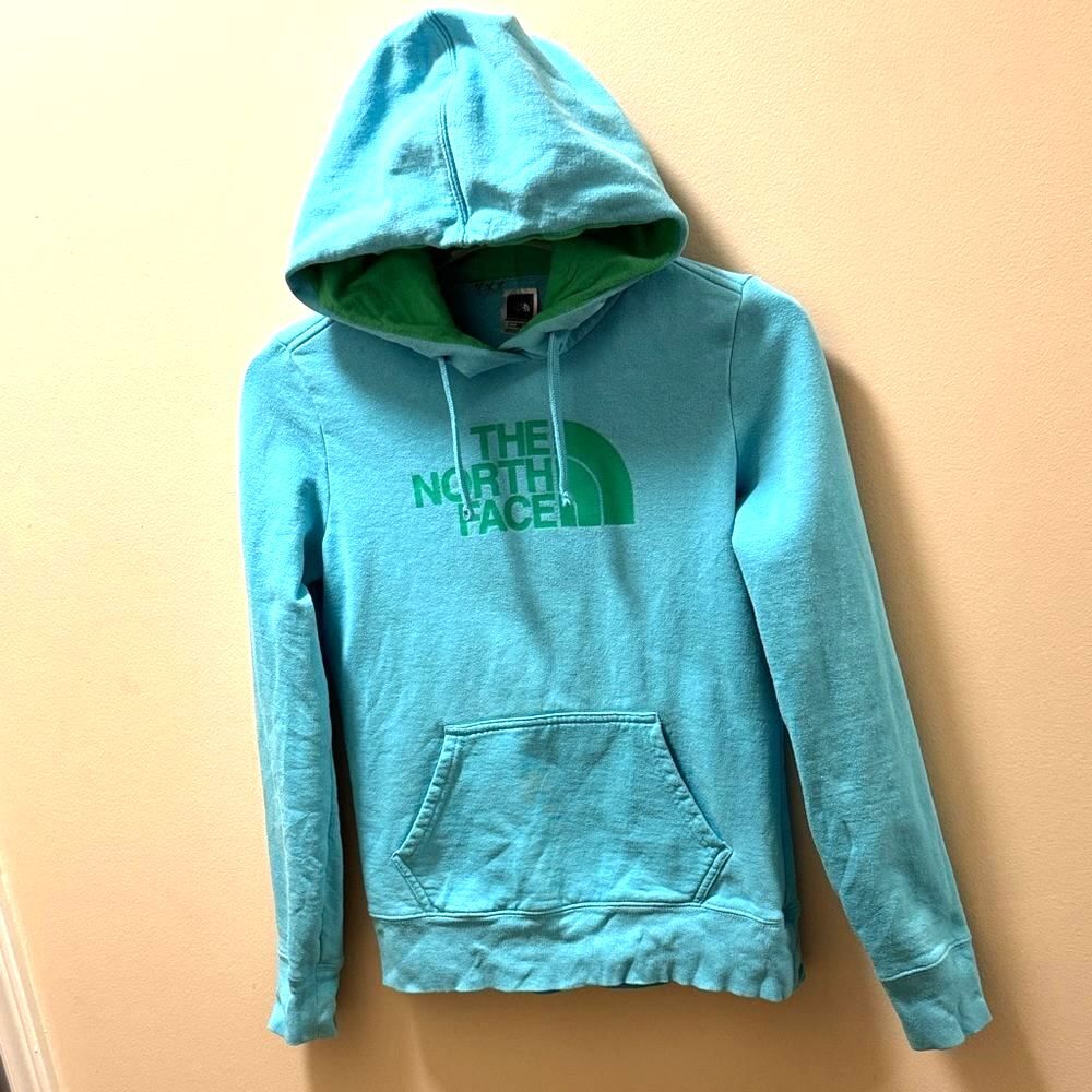 The North Face Women Aqua Hoodie Sweater Green Logo Long Sleeve small petite
